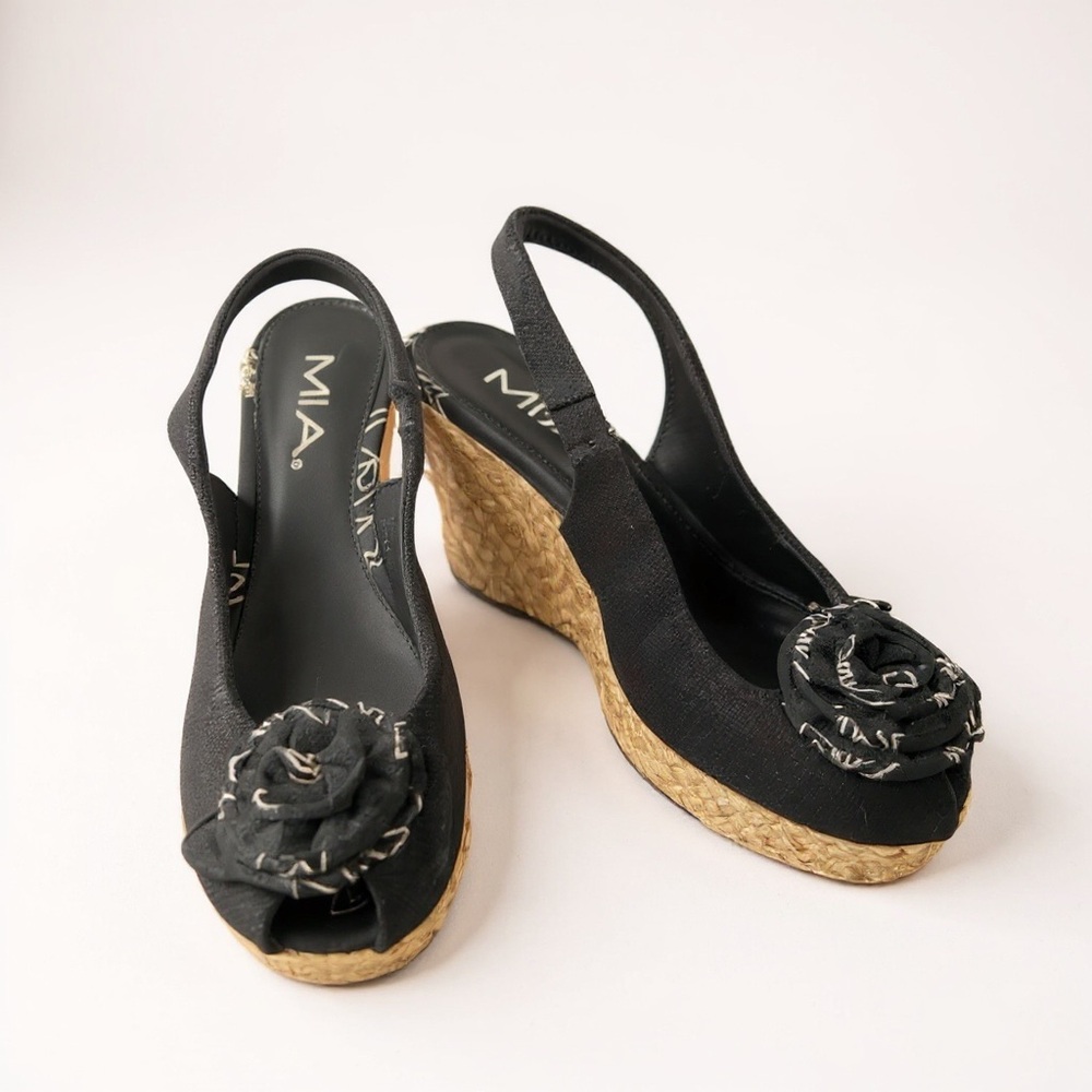 MIA Black and Tan Wedge Sandals with Rosette, 4”Heels.BUY NOW PRICE